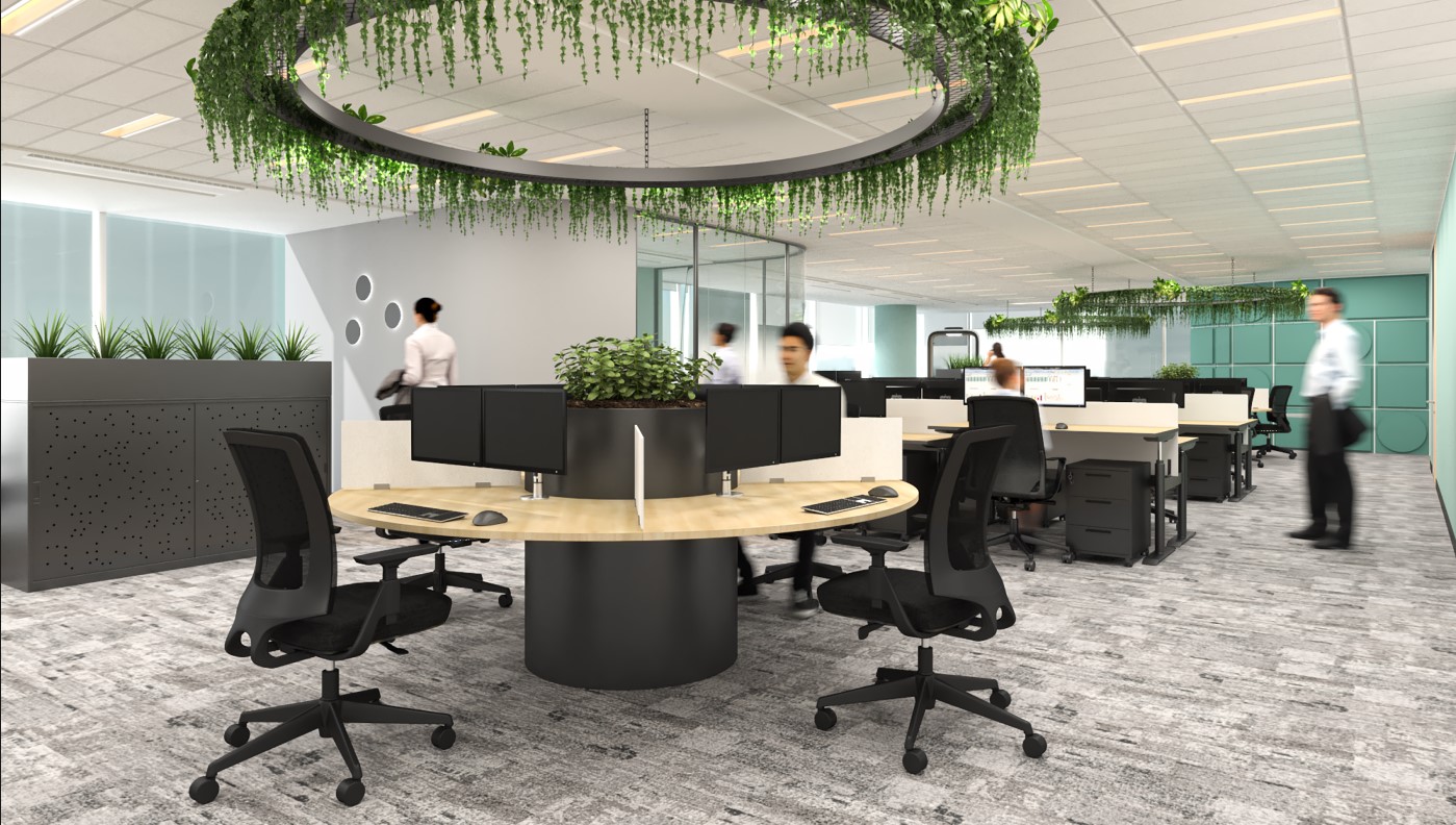 Office with circular desck and circular garden light feature above it.